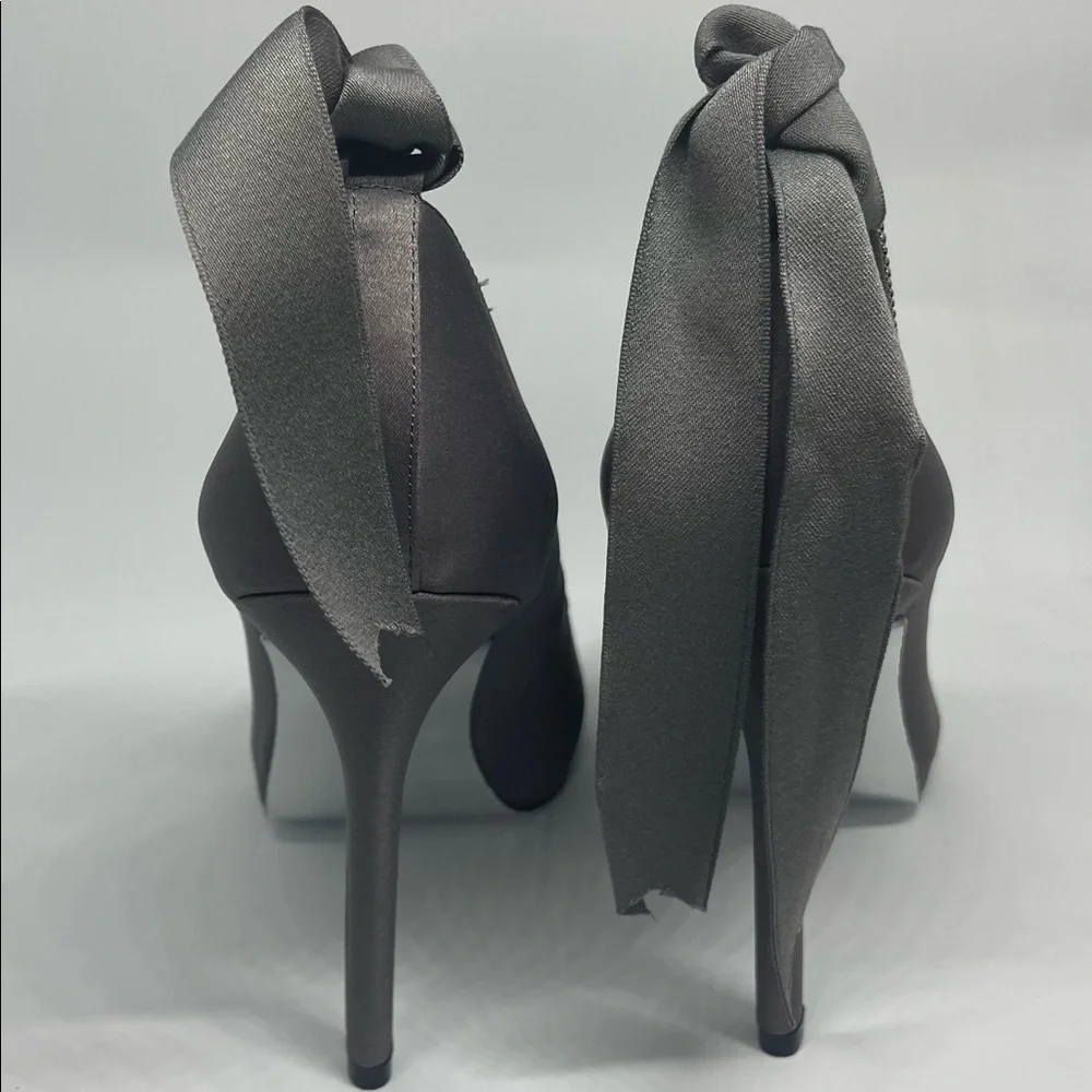 Nina Charcoal Satin Peep-Toe Heels with Rhinestone Ankle Straps and Ribbon Tie